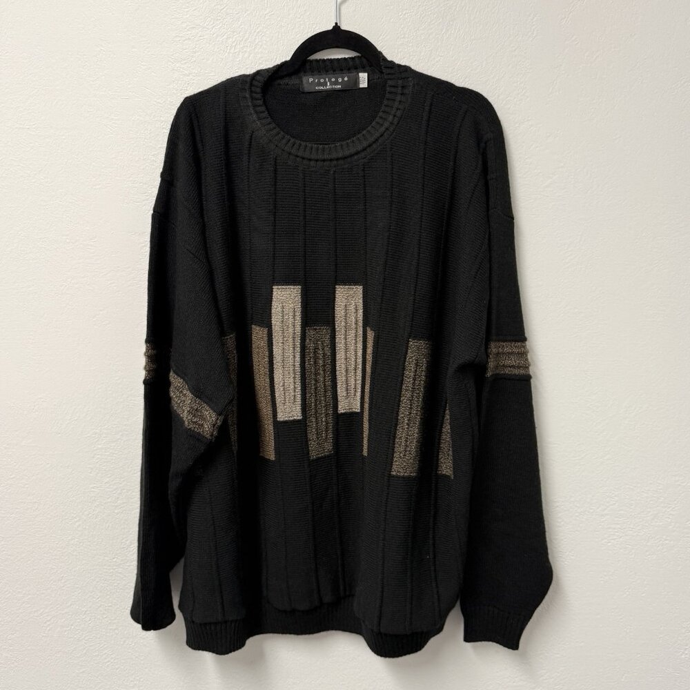 PROTEGE SWEATER VINTAGE KNIT MADE IN USA MENS 2XLT BLACK ABSTRACT PULLOVER